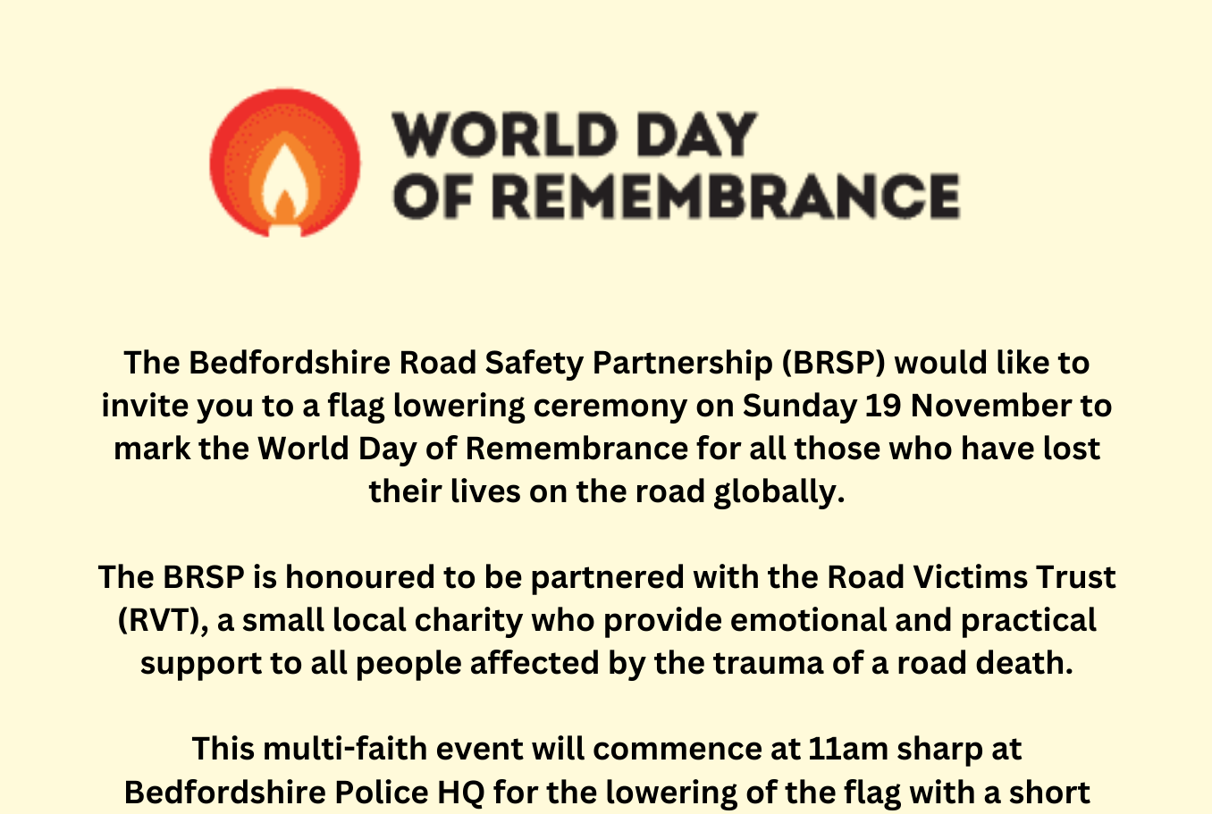 World Remembrance Day at Bedfordshire Police HQ Road Victims Trust